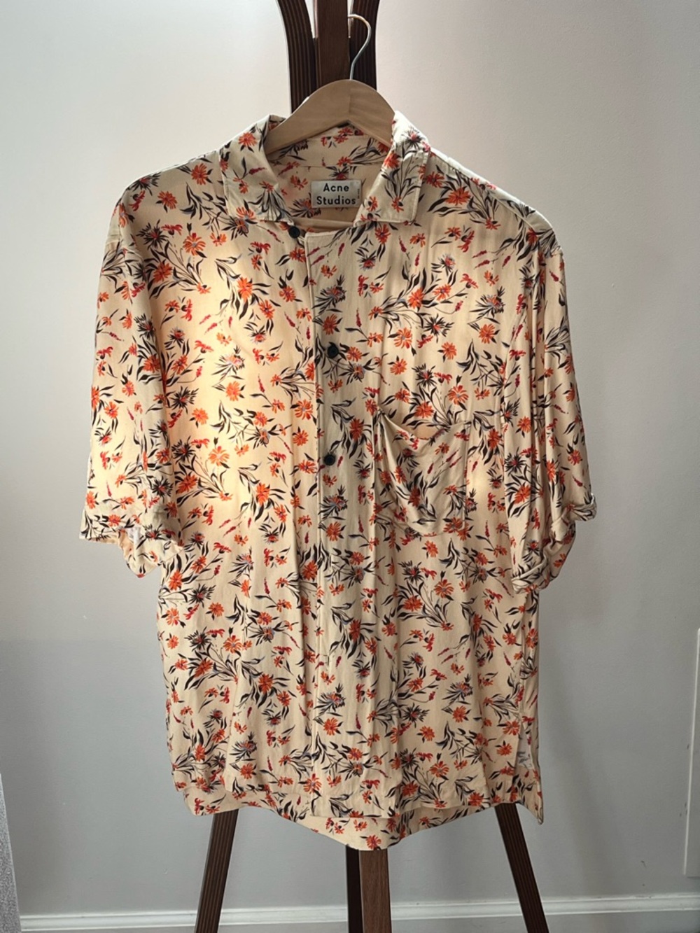 Vintage Acne Floral Short-Sleeve Button-Down Shirt in Cream and Red-Orange